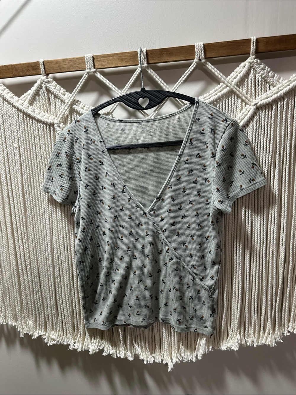 American Eagle Outfitters Sage Green Floral Wrap-Style Short Sleeve Top